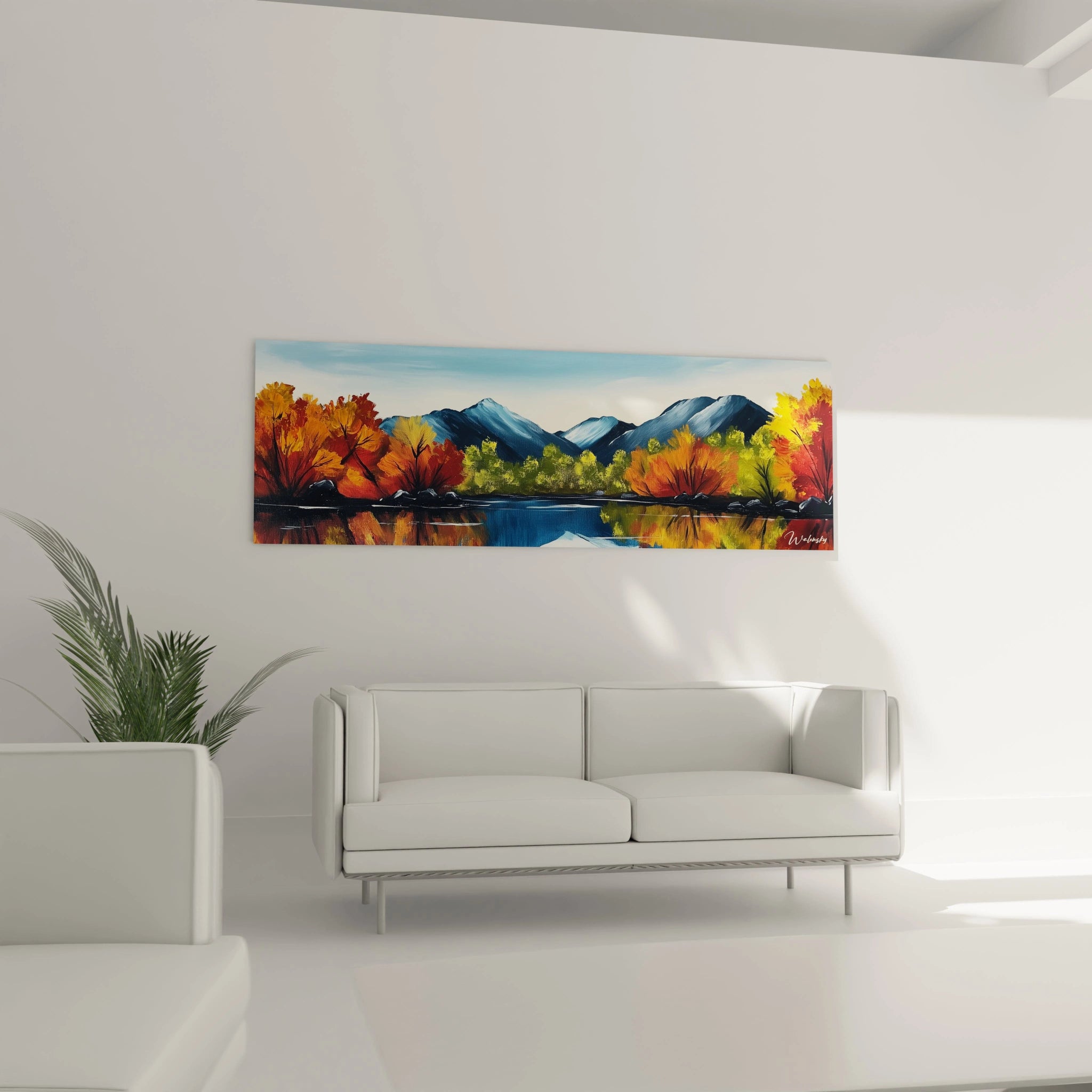 Tableau artistique représentant une chaîne de montagnes aux sommets bleutés entourée d'arbres aux couleurs automnales rouges, oranges et jaunes. Un lac en premier plan crée un effet miroir parfait, avec textures prononcées dans les feuillages et surface lisse pour l'eau.
