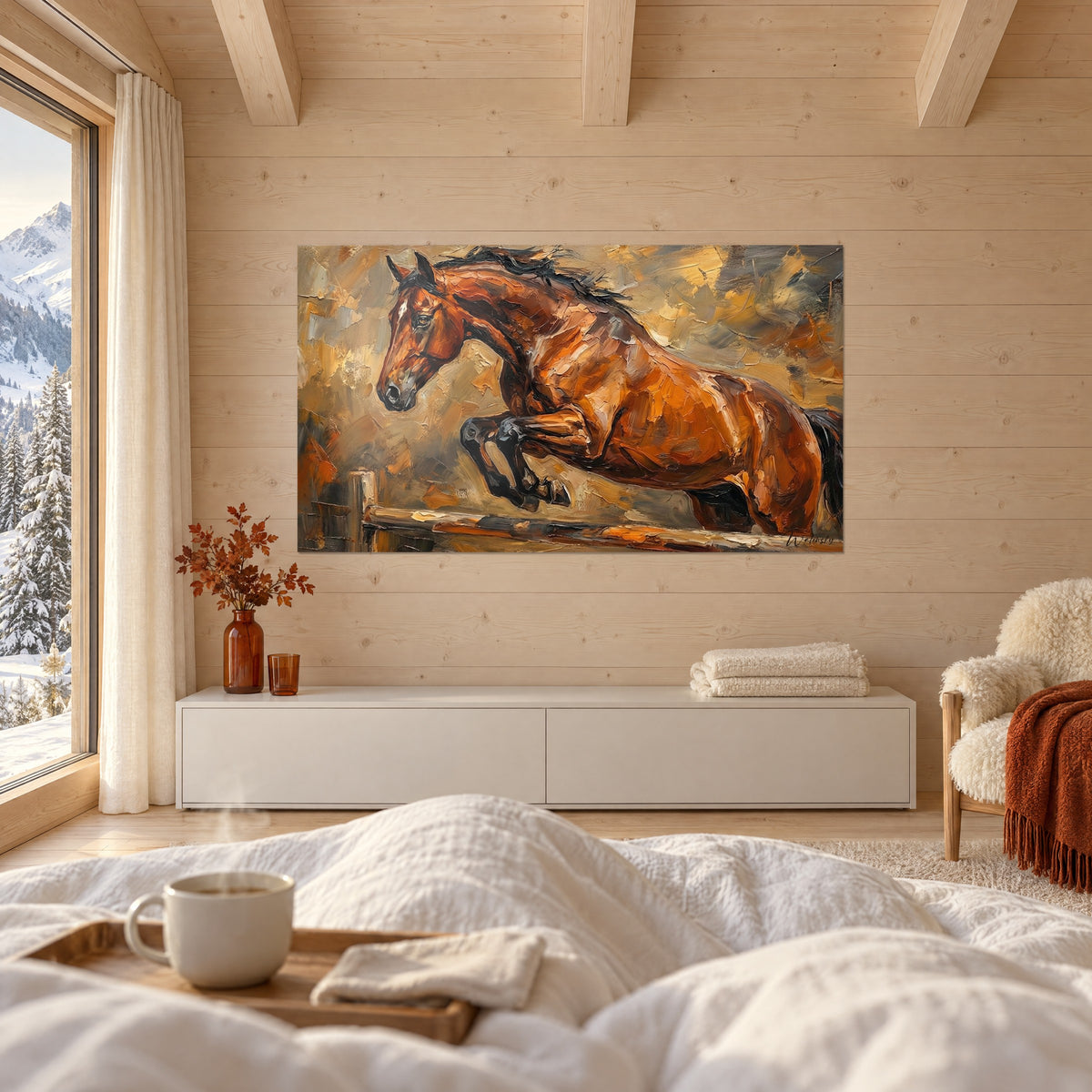 Cuadro Caballo alazán rojizo franqueando un obstáculo, empastes marrones y dorados con espátula, encima de una cama en un dormitorio luminoso