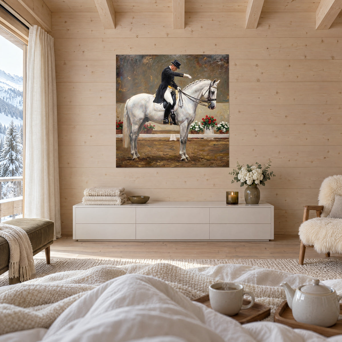 Cuadro caballo blanco de crin trenzada, jinete con guantes blancos, fondo marrón y dorado, encima de una cama en un dormitorio claro