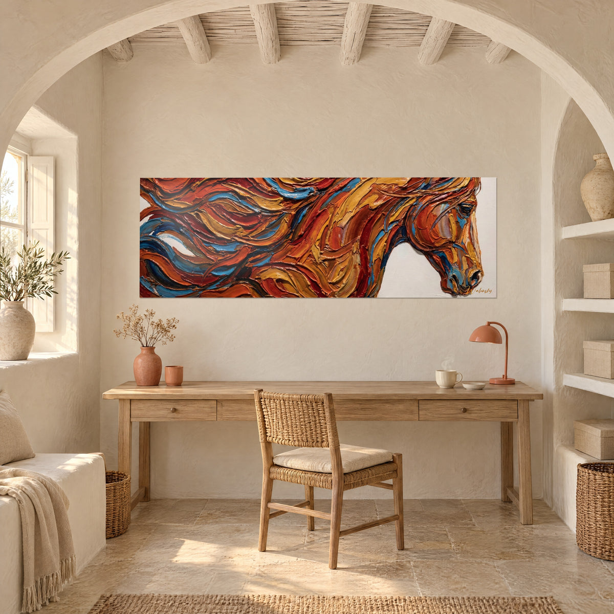 Cuadro cabeza de caballo en pasta gruesa óxido y turquesa, ollares marcados, en la pared de un despacho de madera clara junto a una hornacina