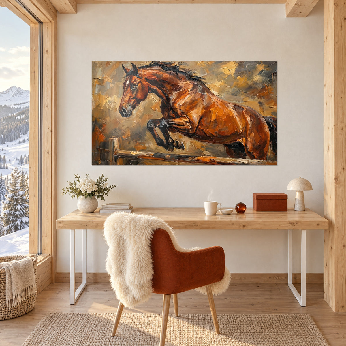Cuadro Pura sangre castaño galopando, crin oscura al viento, toques naranjas y beige, pared blanca sobre un escritorio de madera clara