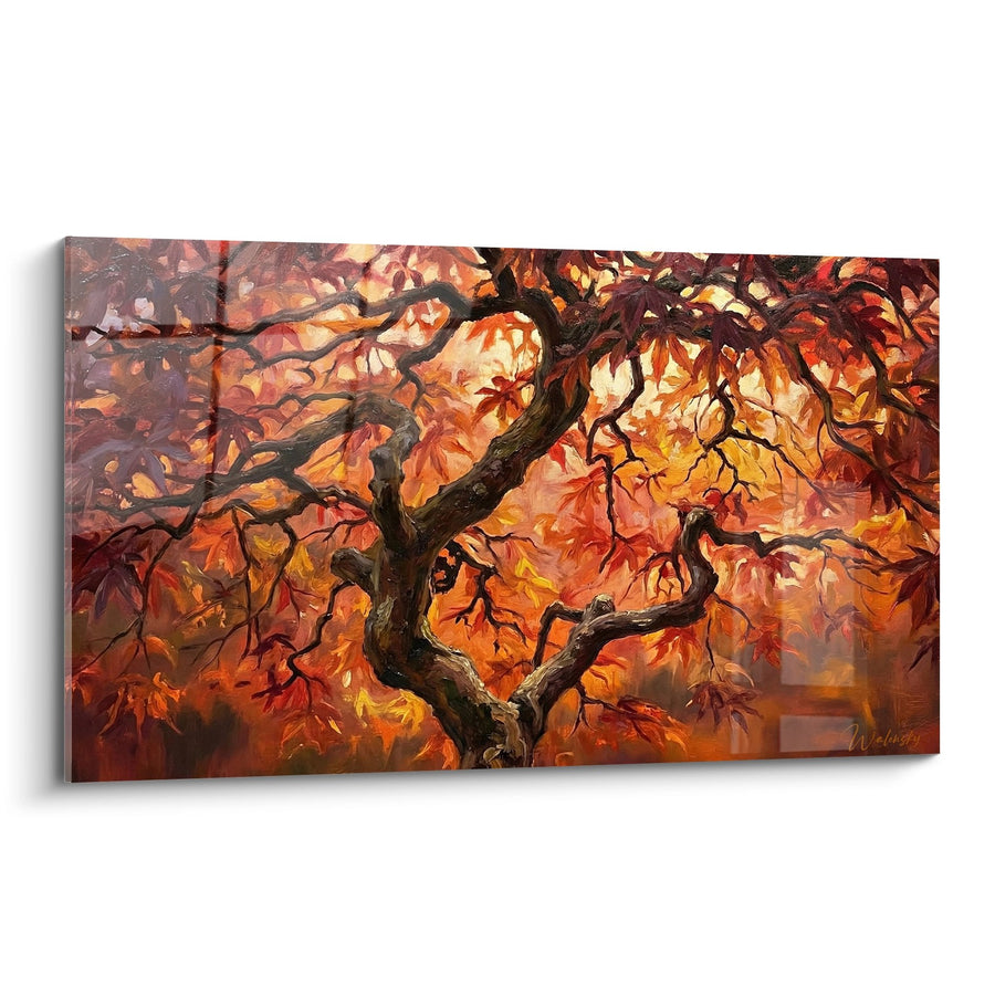 Tableau Érable Japonais Flamboyant aux Branches Tortueuses et Feuillage Rouge Orangé - Flammes d'Automne - Edition Bonsaï