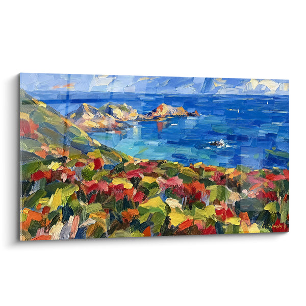 Gemälde Felsküste Blau und Rot mit Blumenwiese - Maritimer blühender Pfad - Edition Erquy Bretagne Frankreich