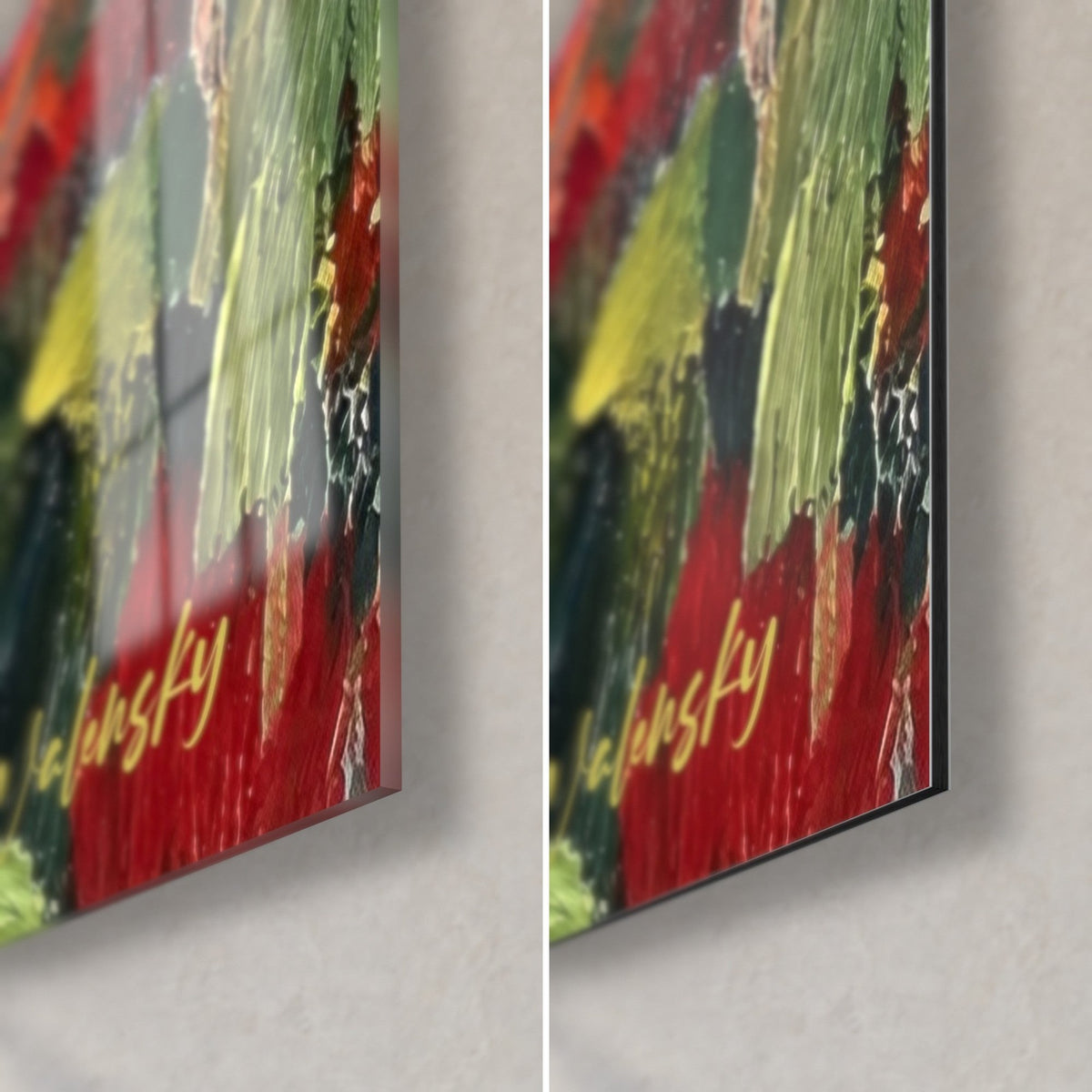 Gemälde blühender Pfad in dicker Pinselführung, rote und grüne Ecke unten rechts, glänzendes Acrylglas und matt Dibond-Aluminium, 3 mm Stärke