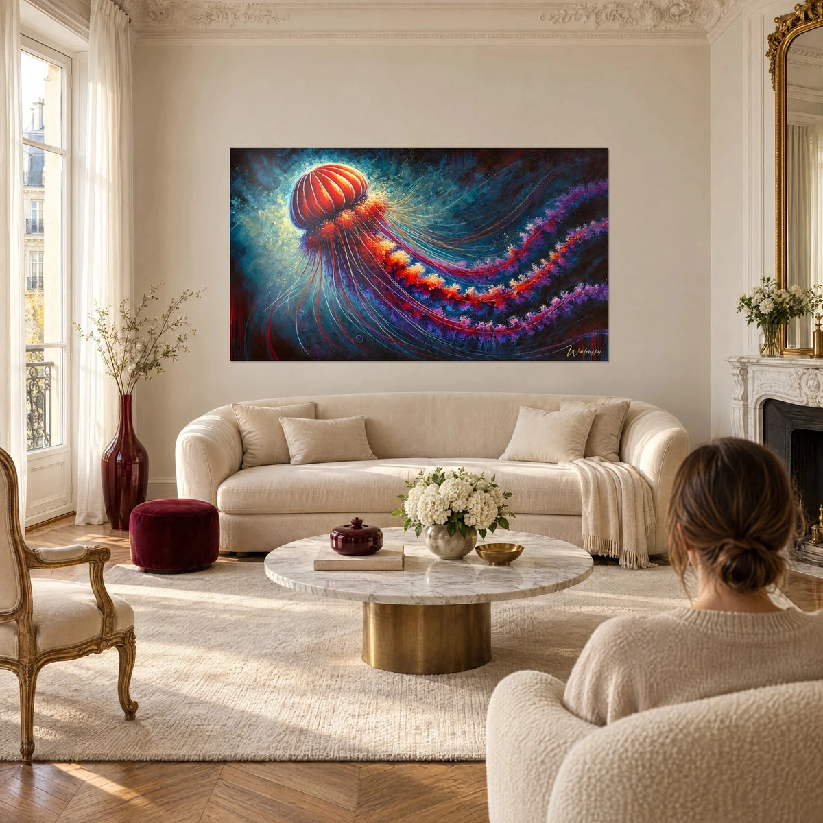 Tableau méduse rouge vermillon aux tentacules violets sur fond bleu nuit, une femme de dos, au-dessus d'un canapé dans un salon lumineux