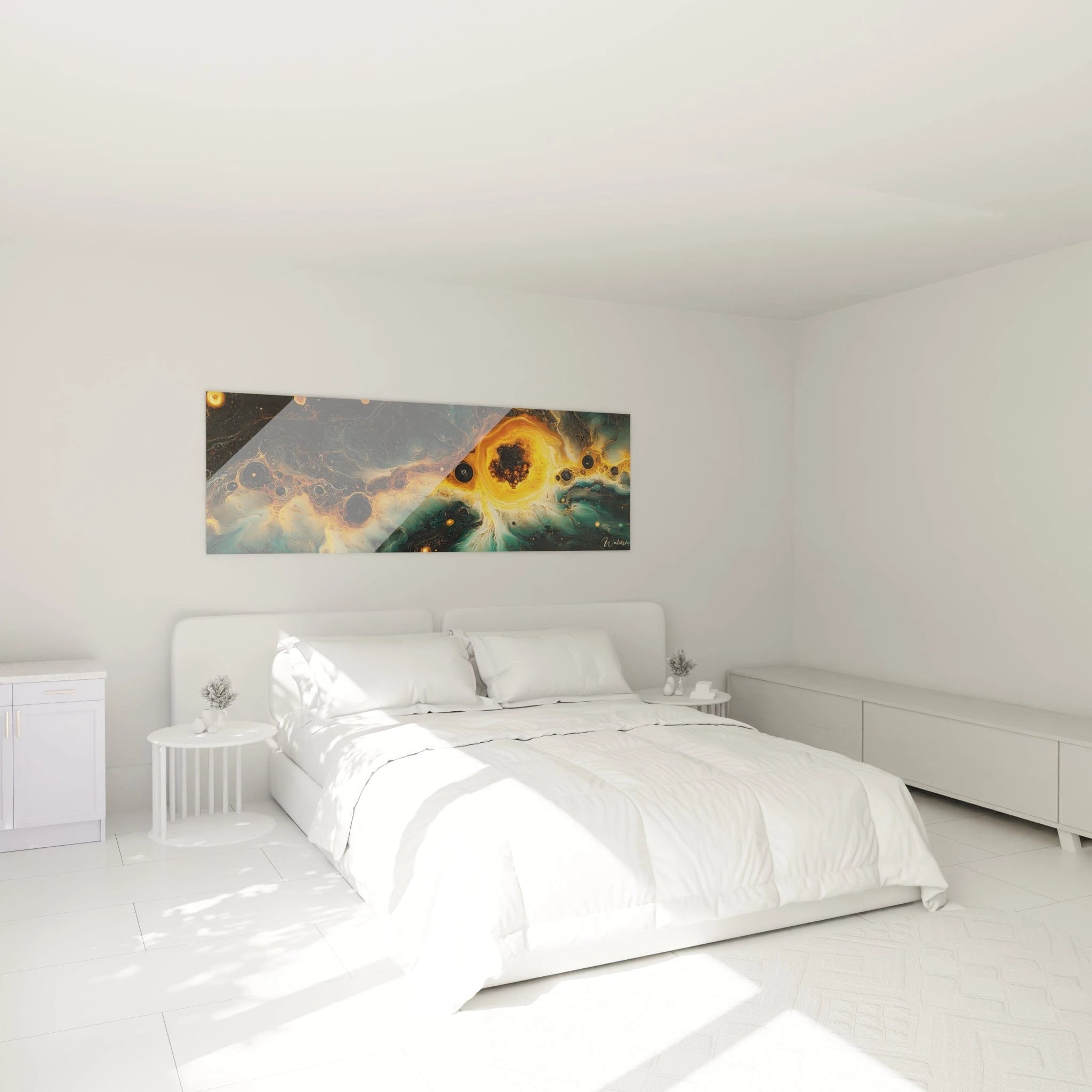 Tableau expressionniste abstrait de Walensky avec des couleurs vives dans une chambre moderne