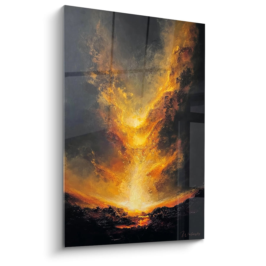 Tableau Explosion de Flammes Dorées et Fumées Grises dans un Cratère Volcanique - Éruption Mystique - Edition Feng shui Sud Feu