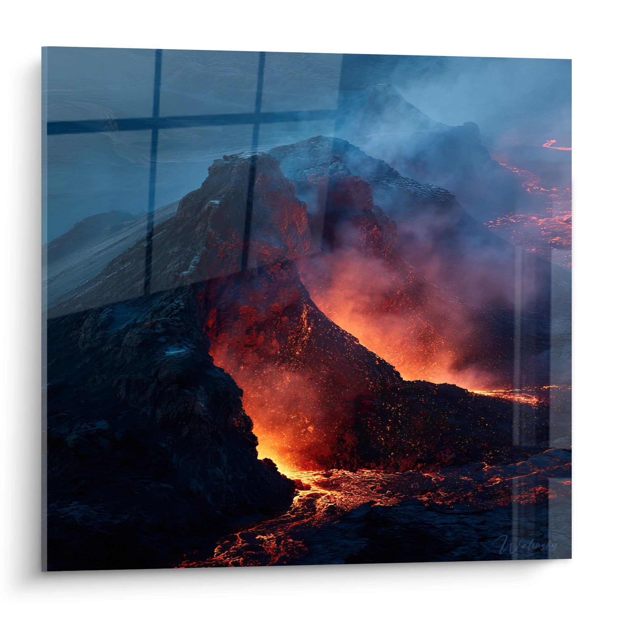 Tableau mural éruption volcanique avec lave incandescente et fumée - décoration volcan moderne