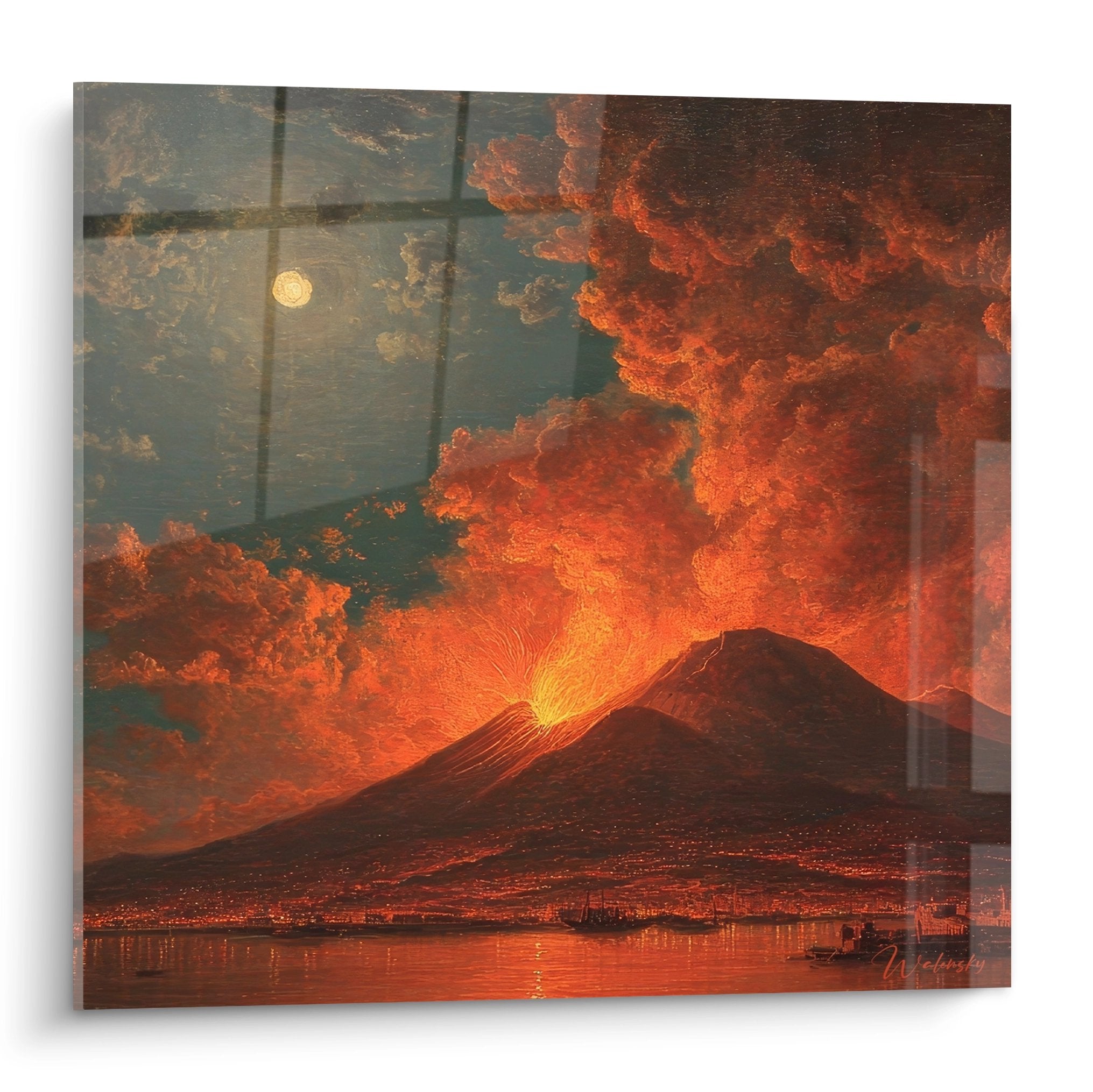 Tableau éruption volcanique nocturne Vésuve fusion lave incandescente art mural