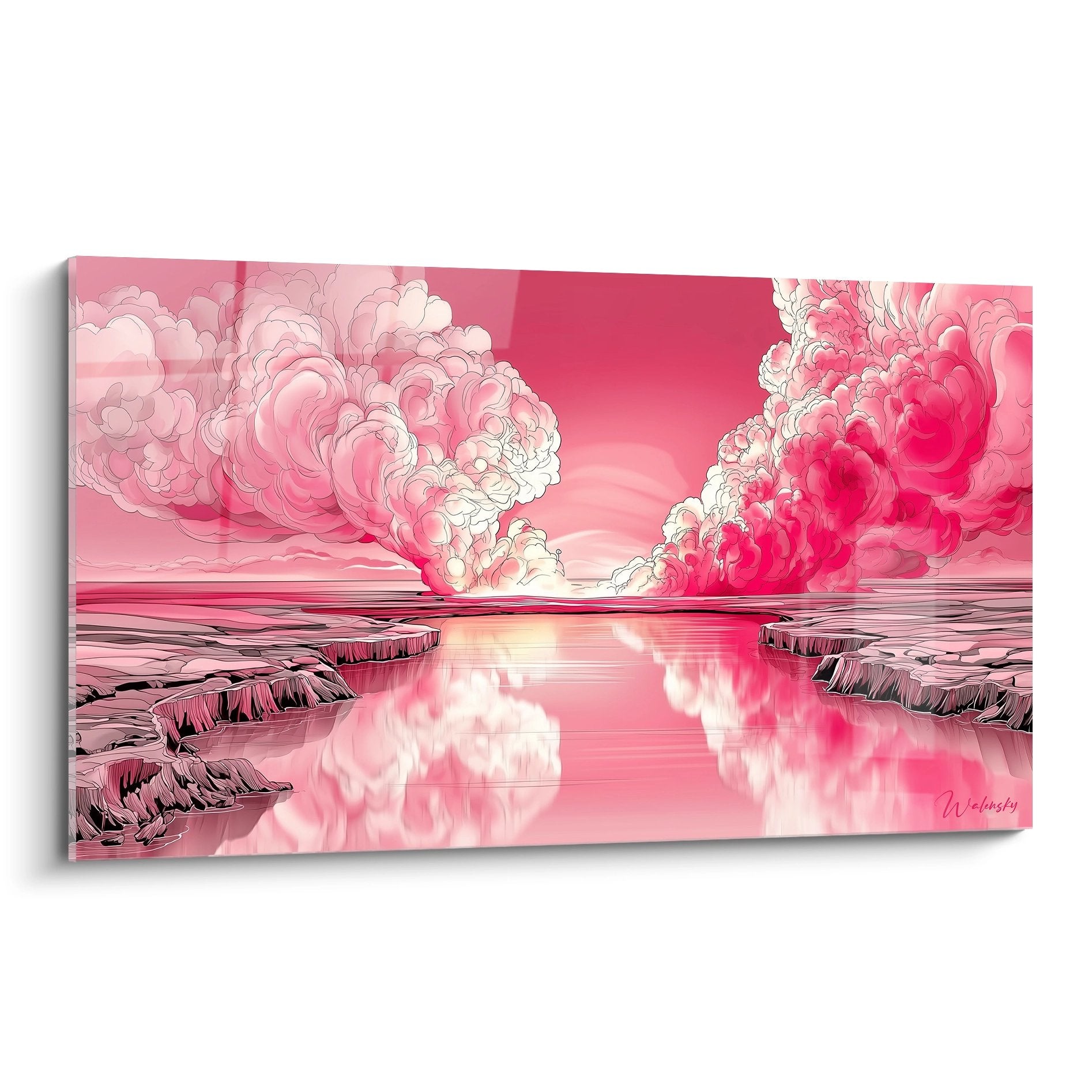Tableau éruption volcanique rose avec panaches de fumée et reflets aquatiques - art mural contemporain
