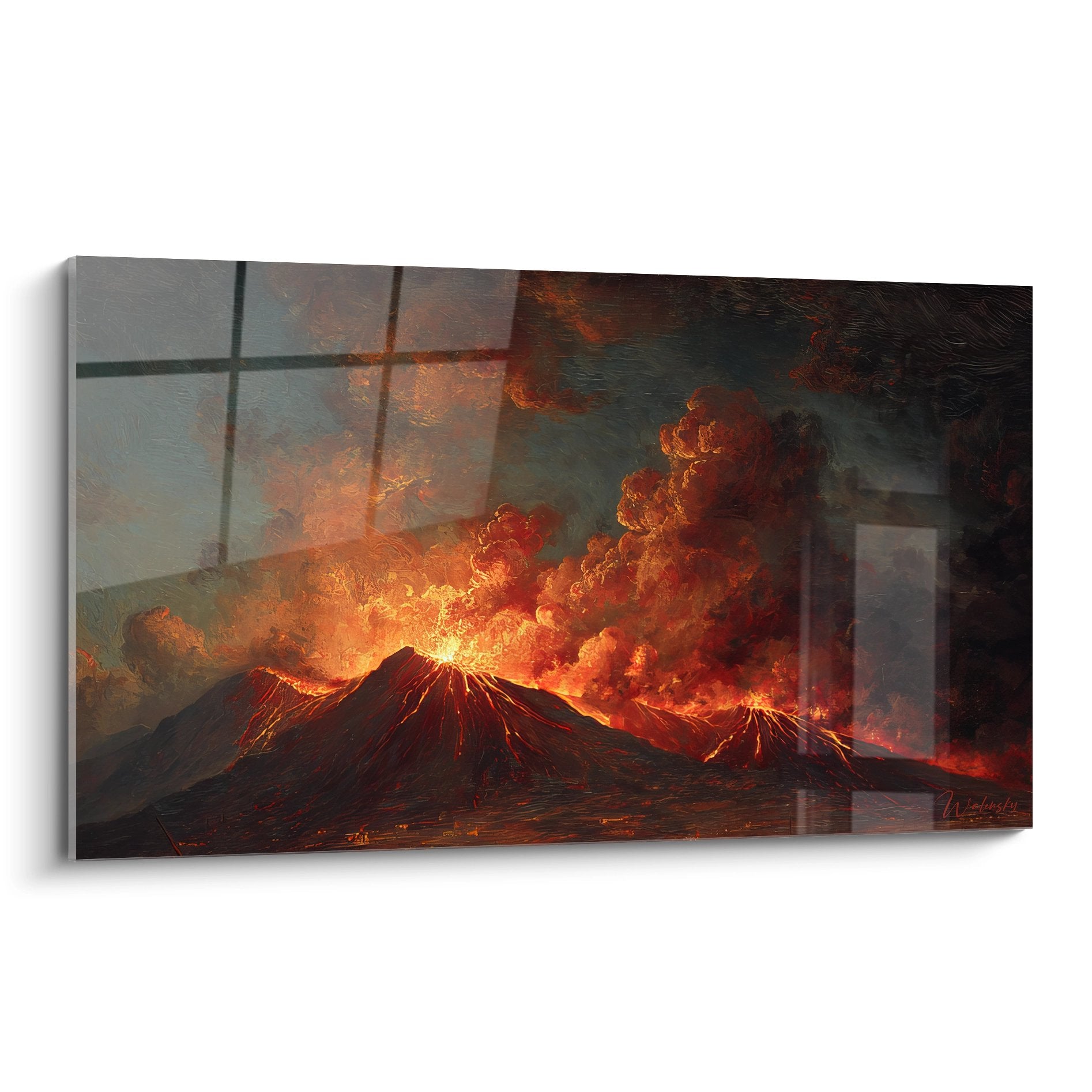 Tableau mural éruption volcanique spectaculaire avec volcans en activité et lave incandescente vue depuis intérieur moderne