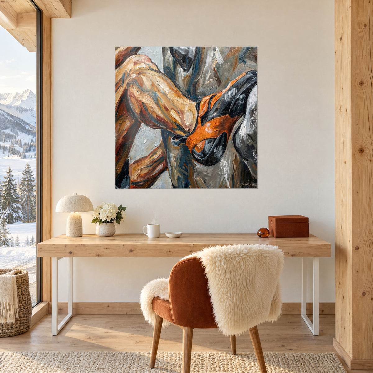 Wall art of a muscular body gripping a vivid orange hold, beige and coal-black textures, above a light wood desk