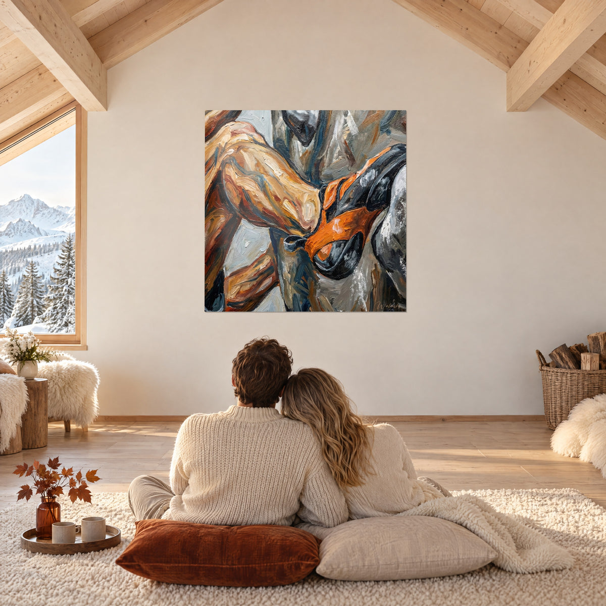 Wall art of a climber's effort in orange, sand and grey-blue impasto, facing a couple seen from behind on wool cushions