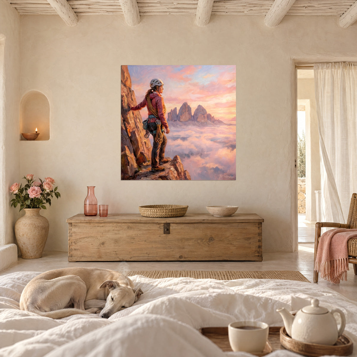 Wall art female climber in white helmet gazing at the Dolomites, pastel pink and blue sky, above a bed in a light bedroom