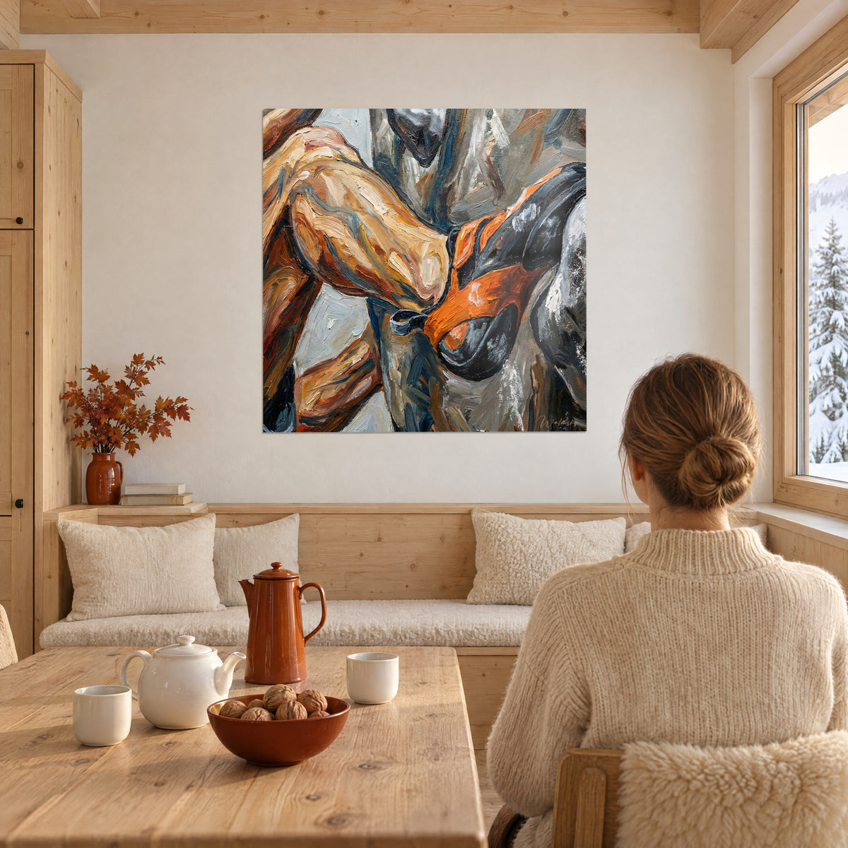 Wall art of a climbing move in thick ochre, orange and charcoal brushstrokes, hung in a snowy chalet, seen from behind