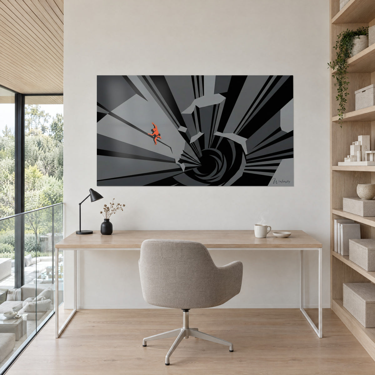 Quadro parete astratta di strisce grigie e nere, scalatore arancione vivace e foro nero a spirale, sopra una scrivania in legno chiaro