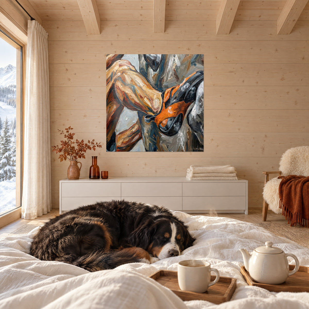 Wall art of a bouldering scene with orange and steel-grey oil reliefs, above a bed in a bright bedroom