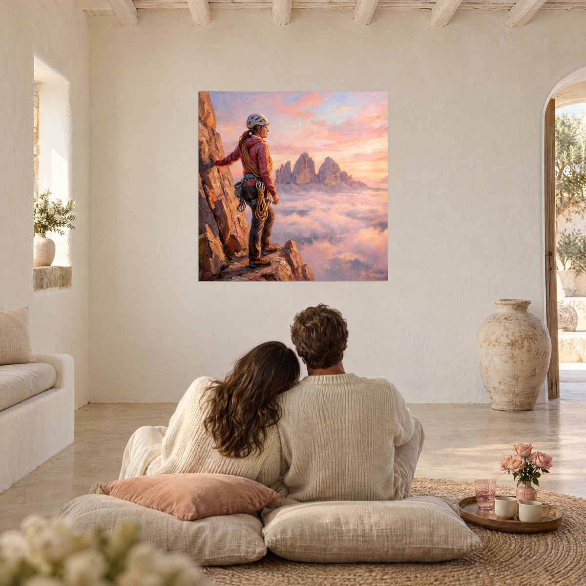 Wall art mountain woman at daybreak, apricot and lilac sky, three rocky peaks above the mist, in a white living room with jars