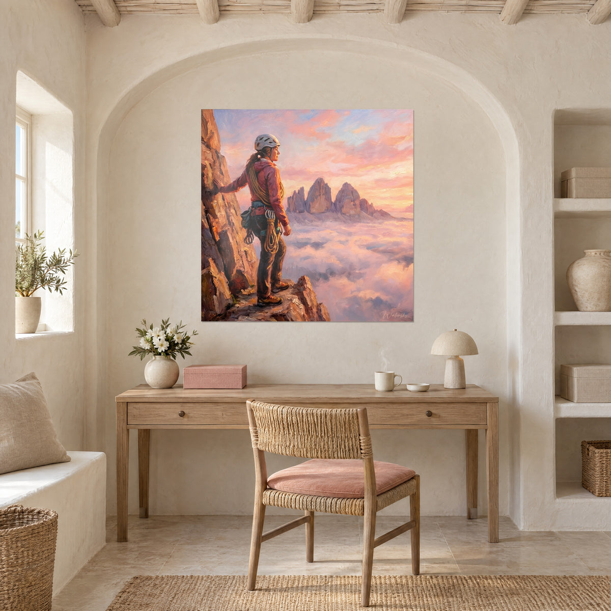 Wall art solitary rope team at the summit, turquoise harness and orange rock, sea of pink mist, above a light wood desk