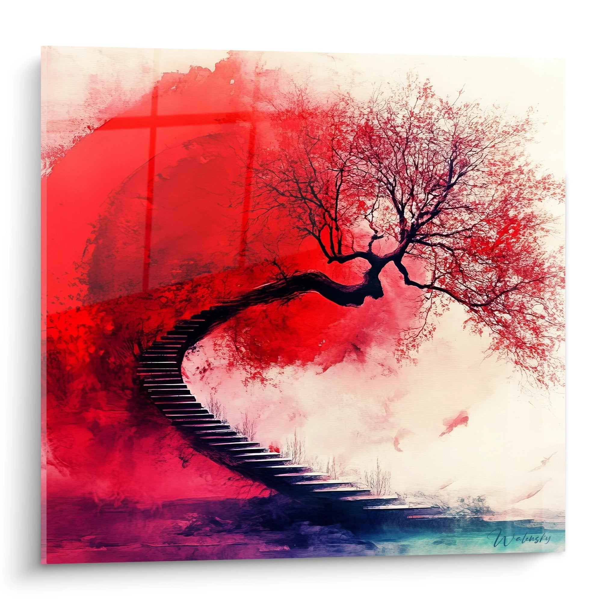 Tableau mural escalier vers cerisier japonais rouge style spirale abstrait art décoratif