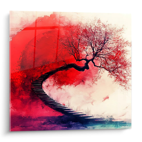 Schilderij trap naar Japanse kersenboom - Rode beklimming - abstracte spiraaleditie