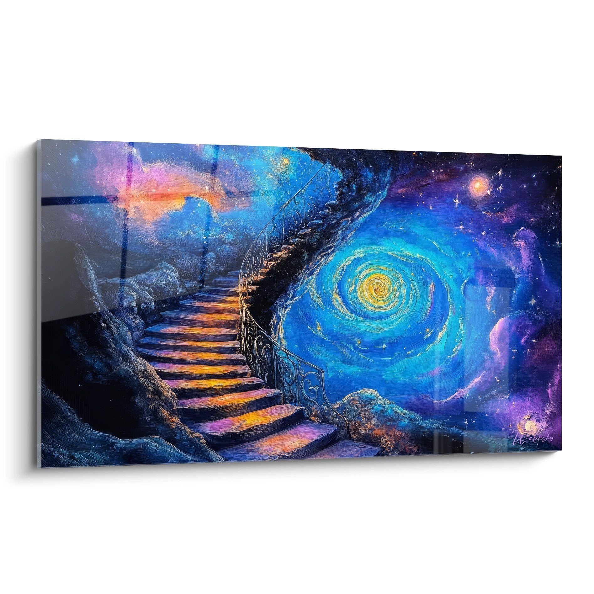 Tableau mural escalier cosmique avec spirale bleue et étoiles, art abstrait spatial décoratif