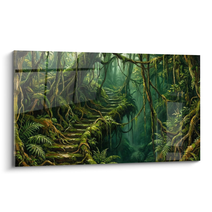 Tableau Escalier de Pierre dans Jungle Tropicale aux Tons Verts Émeraude - Sentier Mystique - Edition Bali