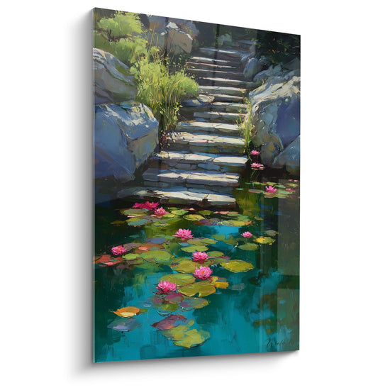 Schilderij Stenen Trap met Roze Waterlelies en Turquoise Bekken - Aquatische Tuin - Nymphaeën Editie