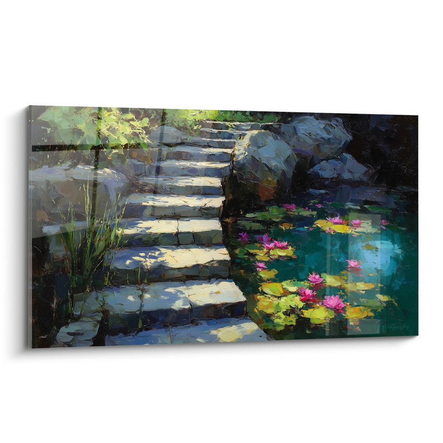Tableau Escalier en Pierre et Bassin aux Nénuphars Roses - Sérénité Aquatique - Edition Nénuphare