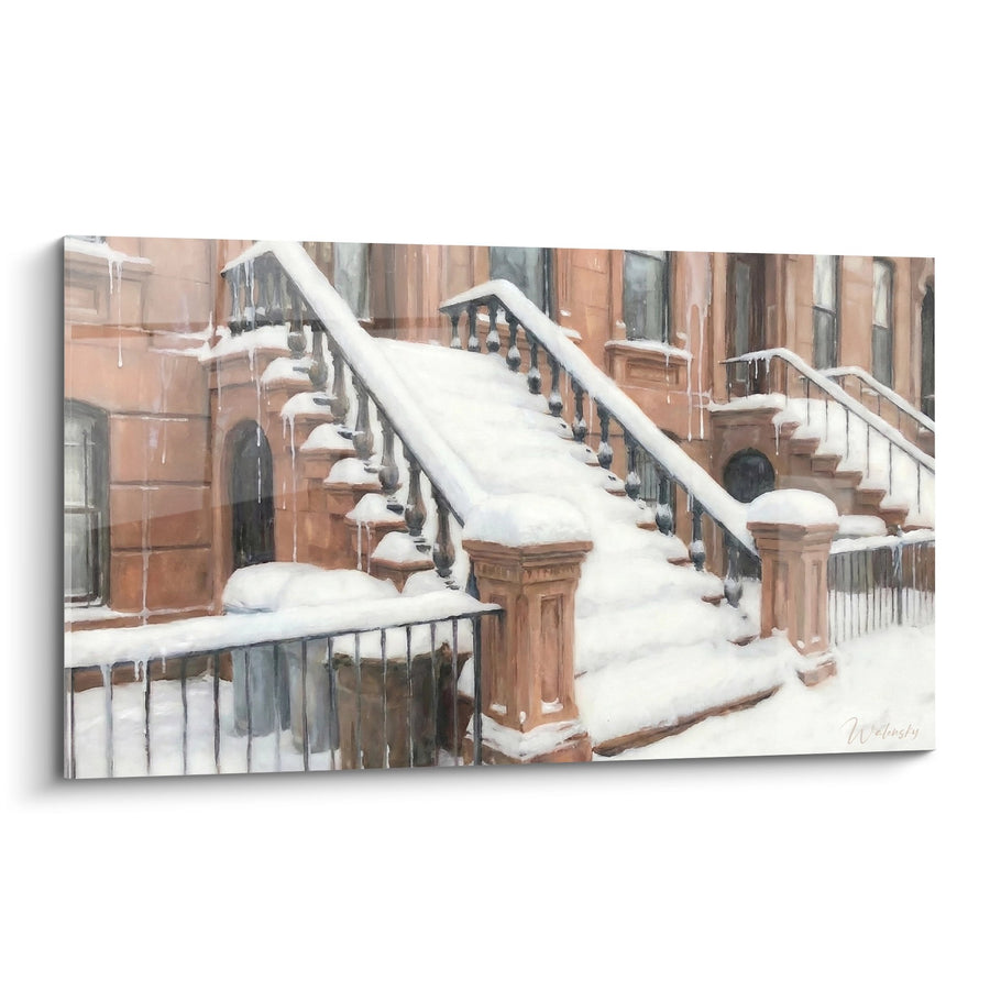Tableau Escaliers Enneigés Brownstones Terre de Sienne - Hiver Urbain - Edition Brooklyn