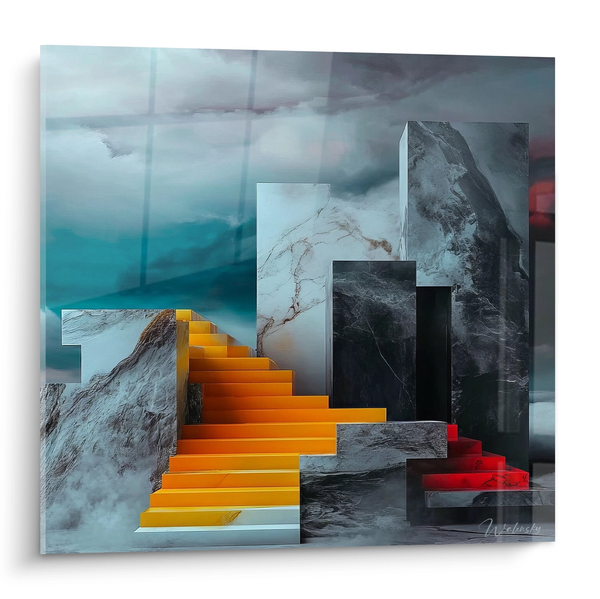 Tableau mural escaliers géométriques orange et structures noires sur paysage montagneux - art architectural