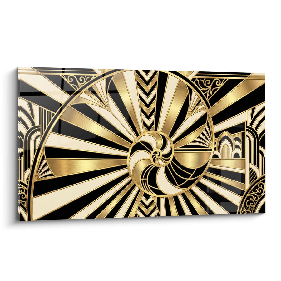 Tableau Escargot Stylisé Art Déco Doré et Noir Motifs Géométriques - Élégance Rayonnante - Edition Escargot