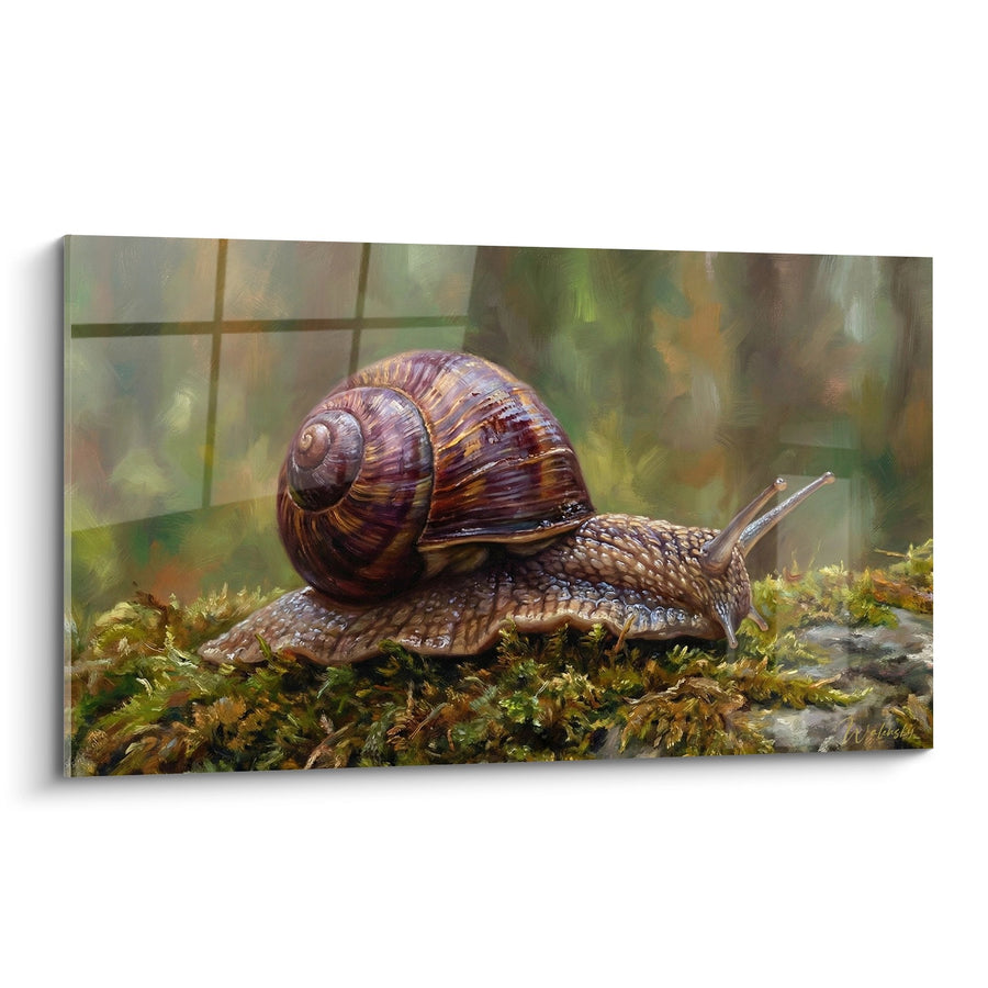 Tableau Escargot sur Mousse Verte avec Coquille Brune Spiralée - Douceur Naturelle - Edition Escargot