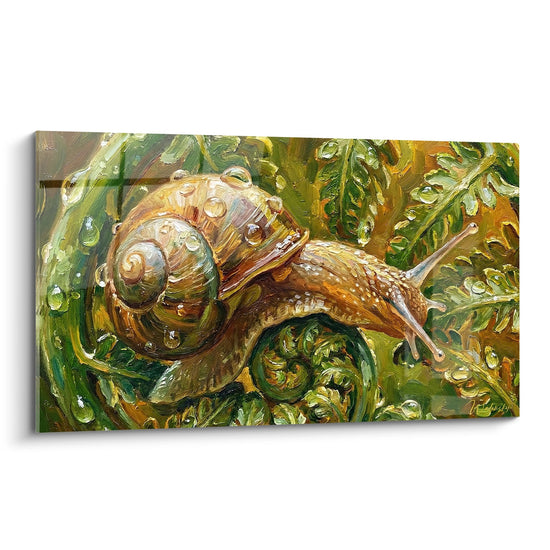 Schnecken-Kunstdruck golden mit kupferfarbigen Reflexen auf leuchtendem grünem Laub - Leuchtender Garten - Schnecken-Edition