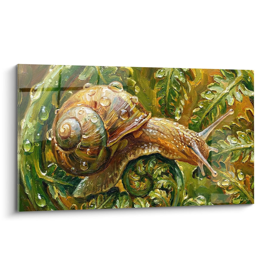 Tableau escargot dorée aux reflets cuivrés sur feuillage vert éclatant - Jardin Lumineux - Edition Escargot