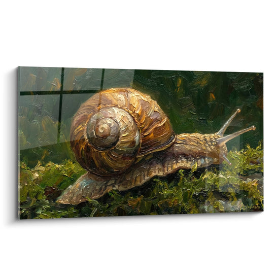 Goldene Schnecke auf grünem Moos - Naturalistisches Ölgemälde - Schnecken-Edition