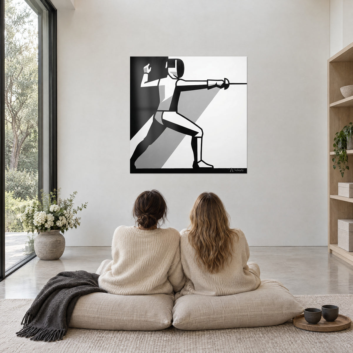 Tableau épée d'escrime pointée vers l'adversaire, aplats noirs et gris sur fond blanc, dans un séjour baigné de lumière