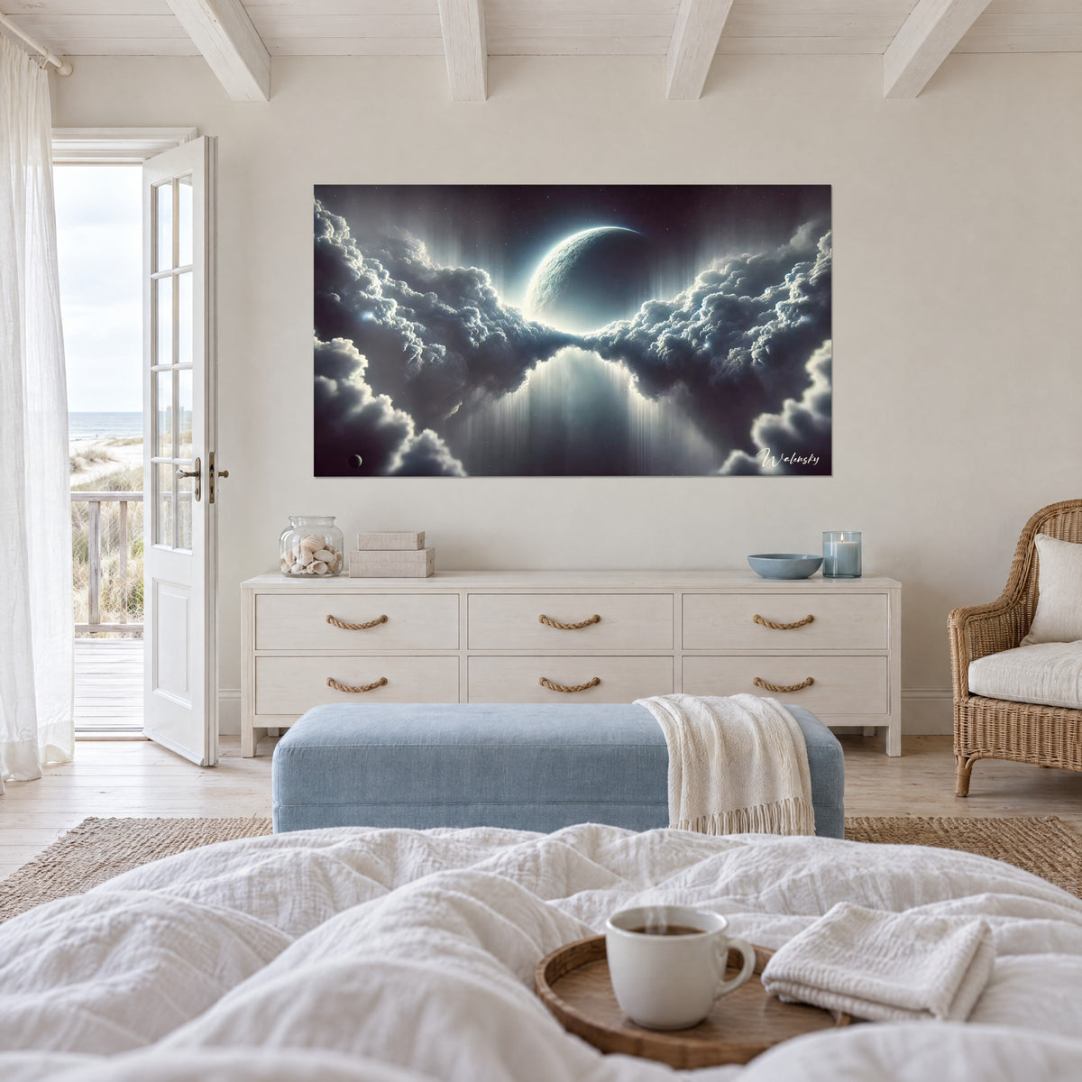 Wall art night sky and pale celestial body, slate grey clouds edged with icy white, above a bed in a bright bedroom