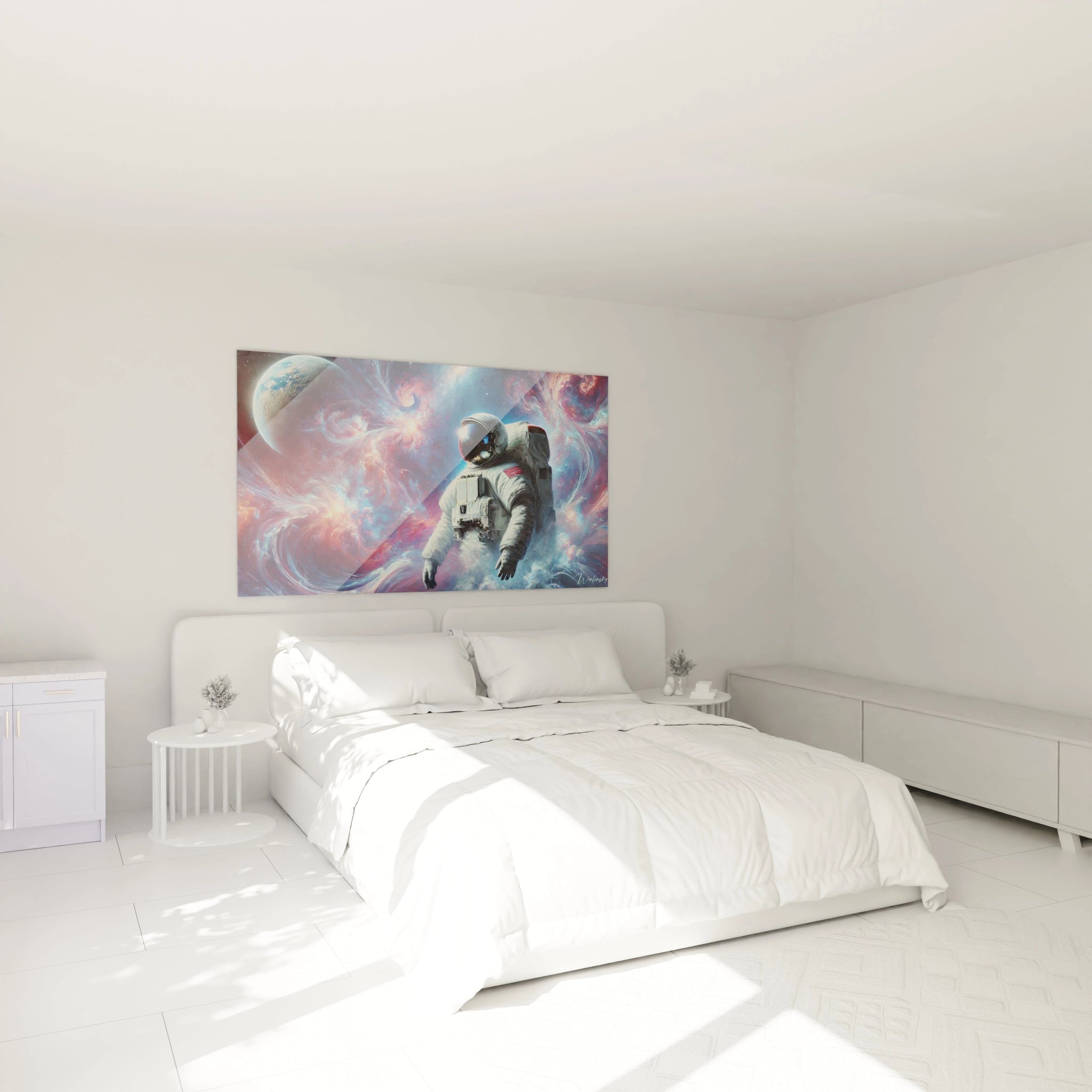 Transformez votre chambre en sanctuaire d'évasion avec ce tableau espace au-dessus du lit, capturant l'immensité et la sérénité de l'univers.


