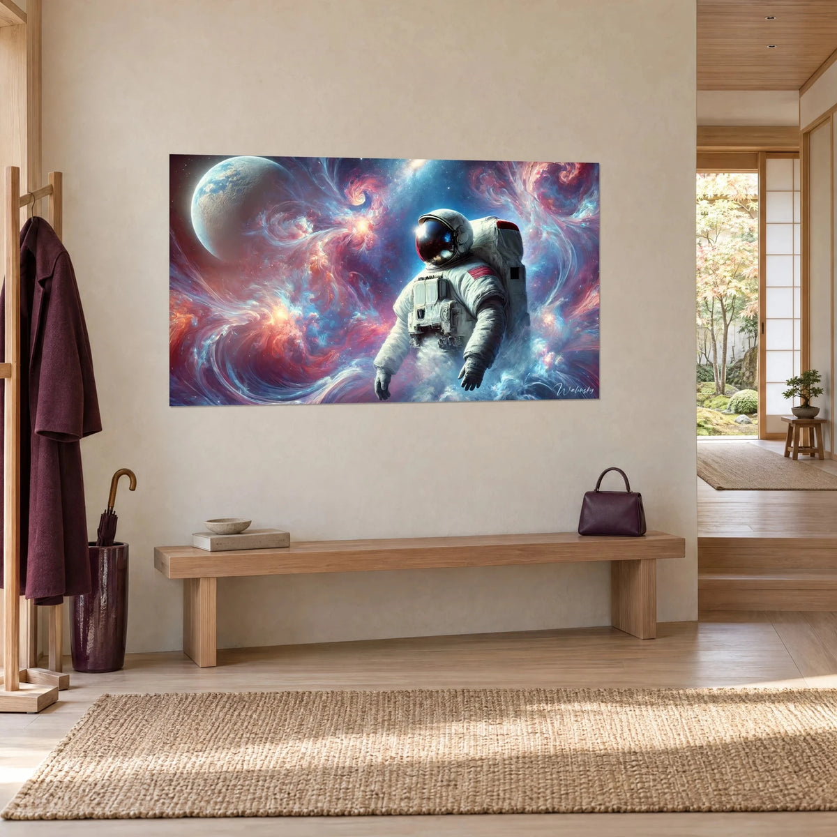 Gemälde Kosmonaut im weißen Raumanzug umgeben von korallroten und türkisfarbenen Nebeln, dreiviertel Ansicht an einer cremefarbenen Wand neben einer Bank