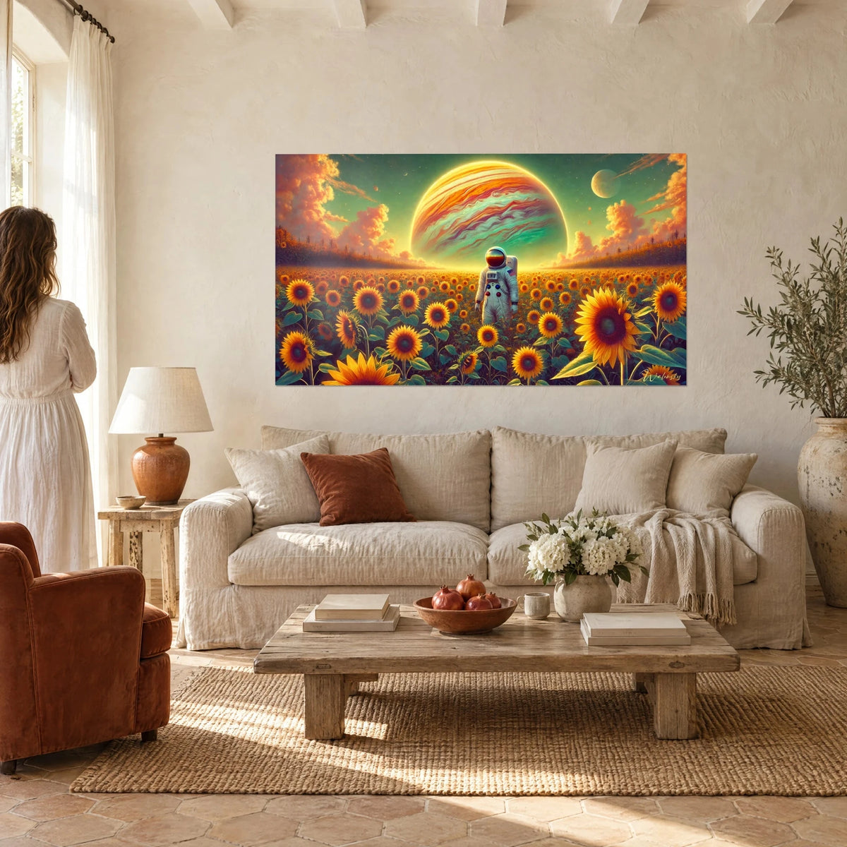 Tableau astronaute blanc debout parmi les tournesols jaune doré, planète géante rayée orange et turquoise, au-dessus d'un canapé dans un salon lumineux