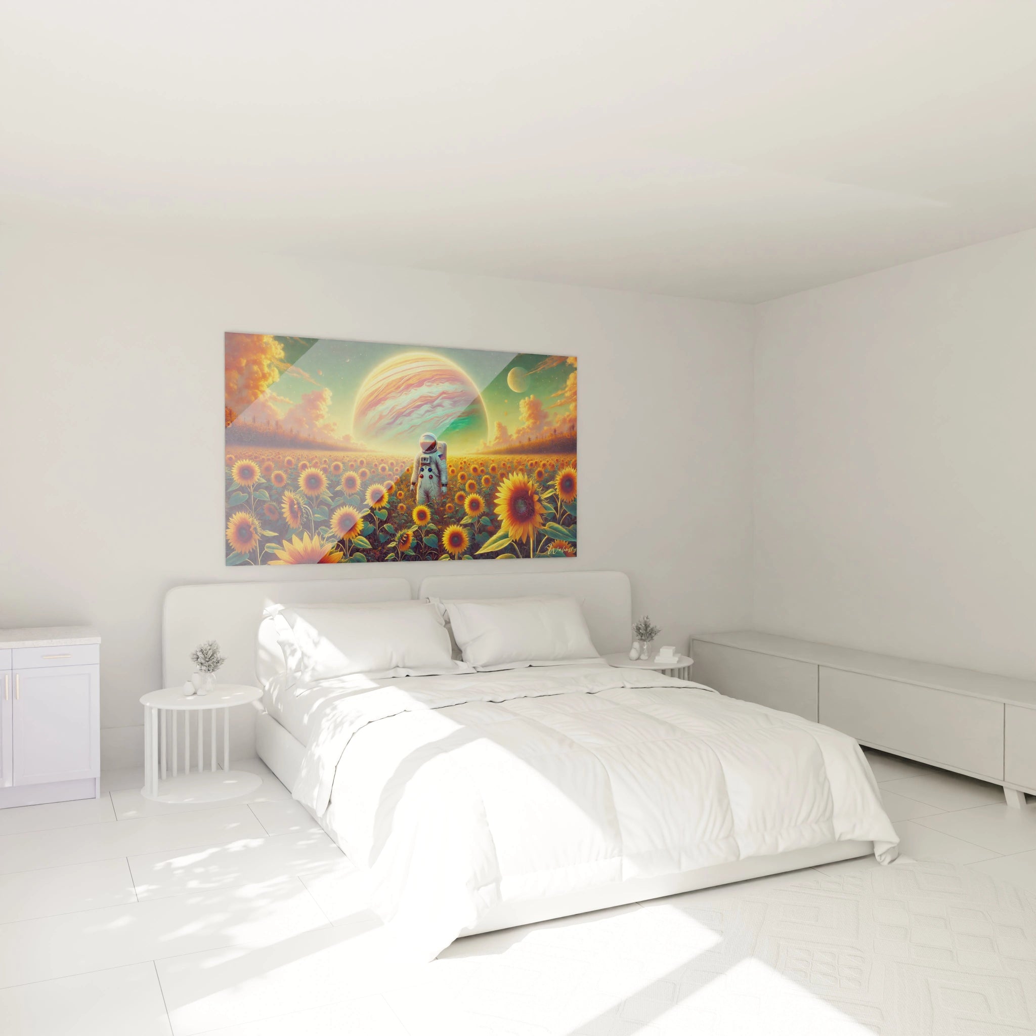 Dans cette chambre, ce tableau espace au-dessus du lit crée une atmosphère apaisante et rêveuse. Une invitation à explorer l'univers tout en profitant de la sérénité des tournesols.

