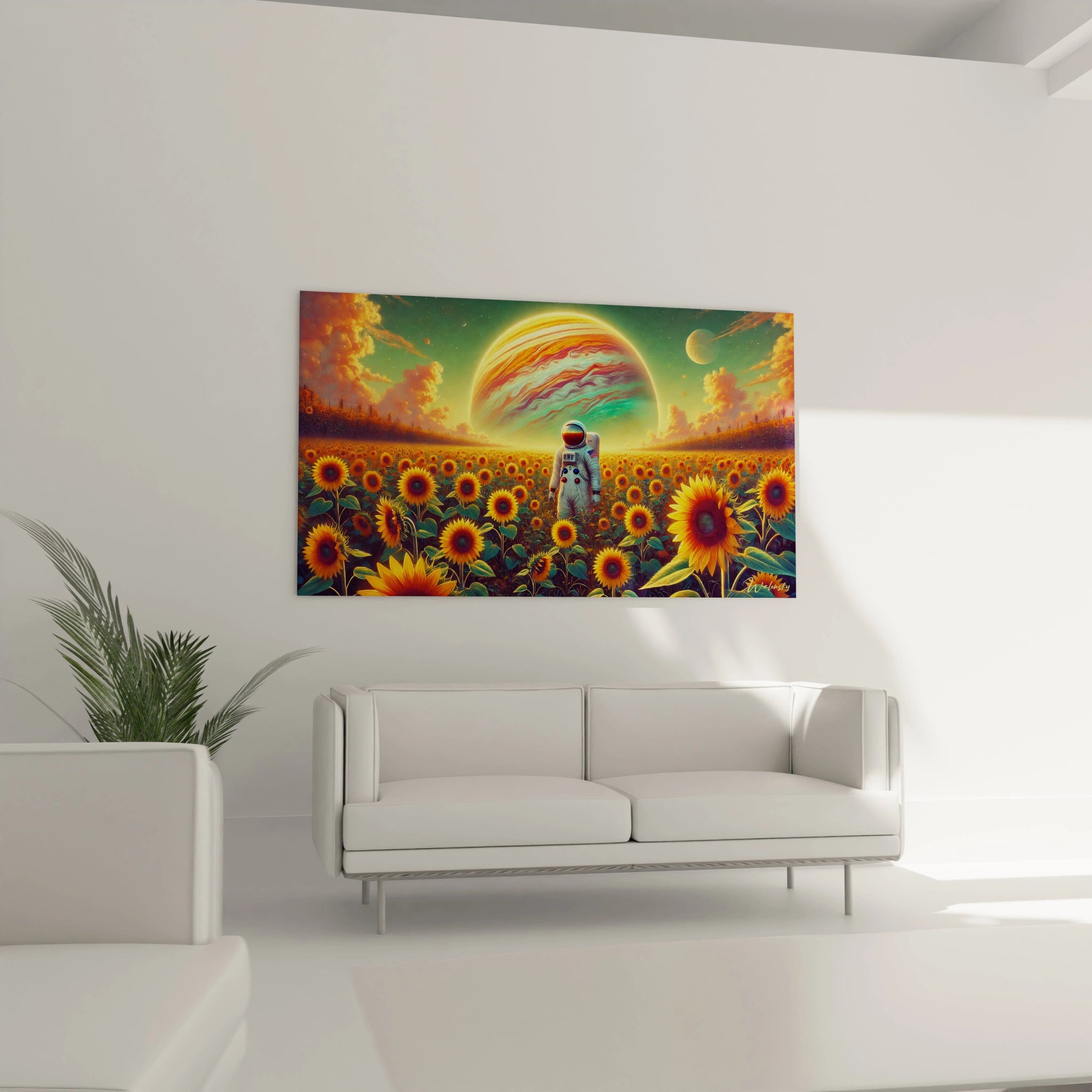 Accroché au-dessus du canapé dans ce salon, ce tableau espace devient une pièce centrale. L'immensité cosmique et la nature s'unissent pour créer une ambiance captivante.

