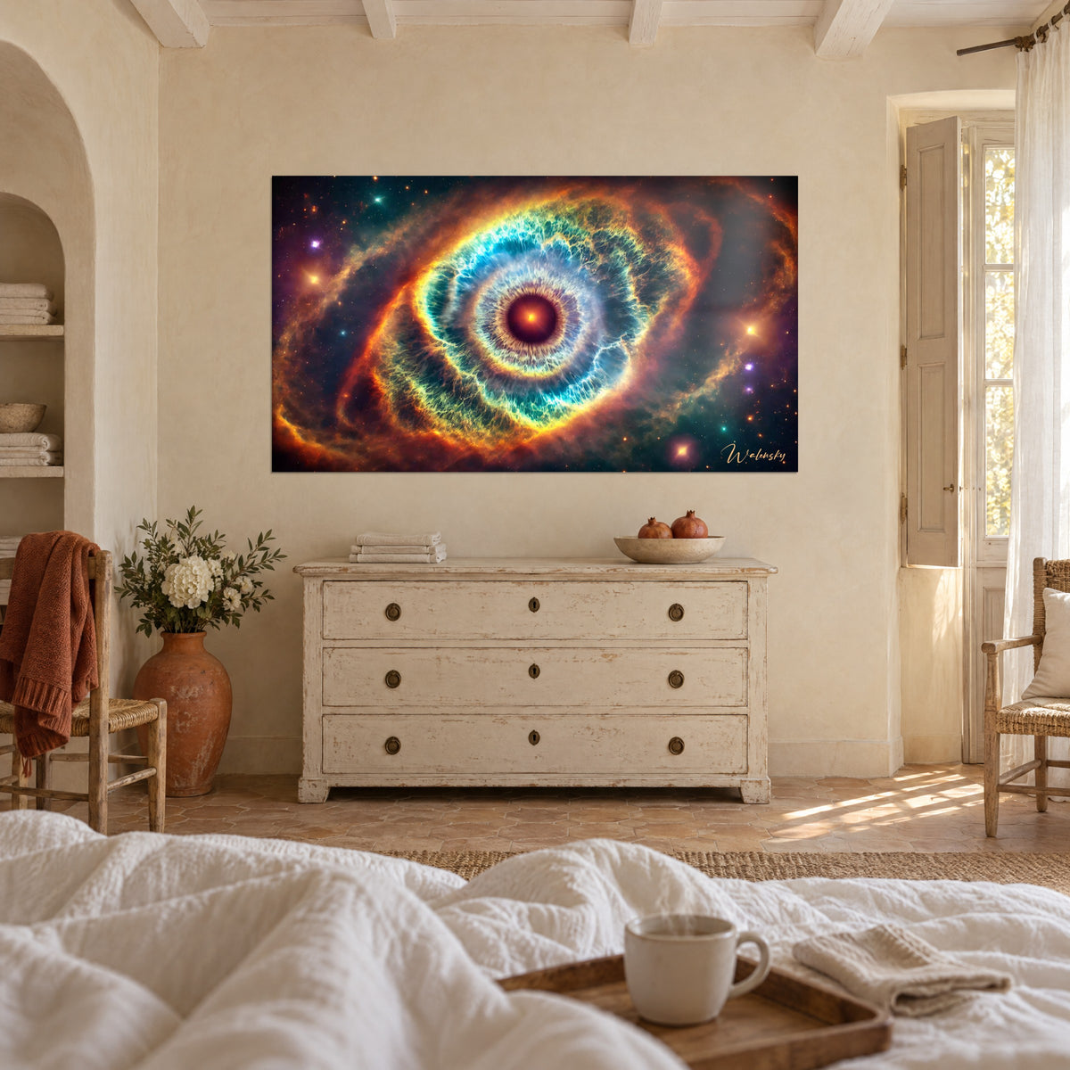 Tableau galaxie en forme d'œil, halo orange et cœur bleu glacé, étoiles violettes, au-dessus d'un lit dans une chambre claire