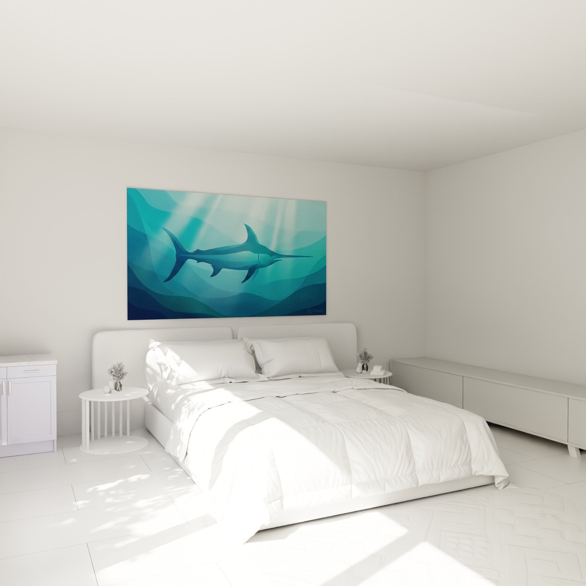 Blauflossen-Schwertfisch Gemälde Türkis an der Wand aufgehängt modernes Schlafzimmer marine zeitgenössische Dekoration