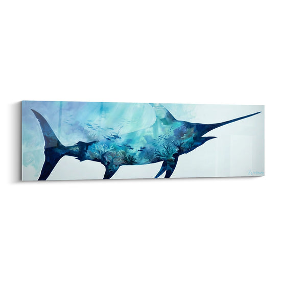 Schwertfisch Blau Doppelbelichtung Korallenaquatisches Gemälde - Ozeanische Fusion - Schwertfisch Edition