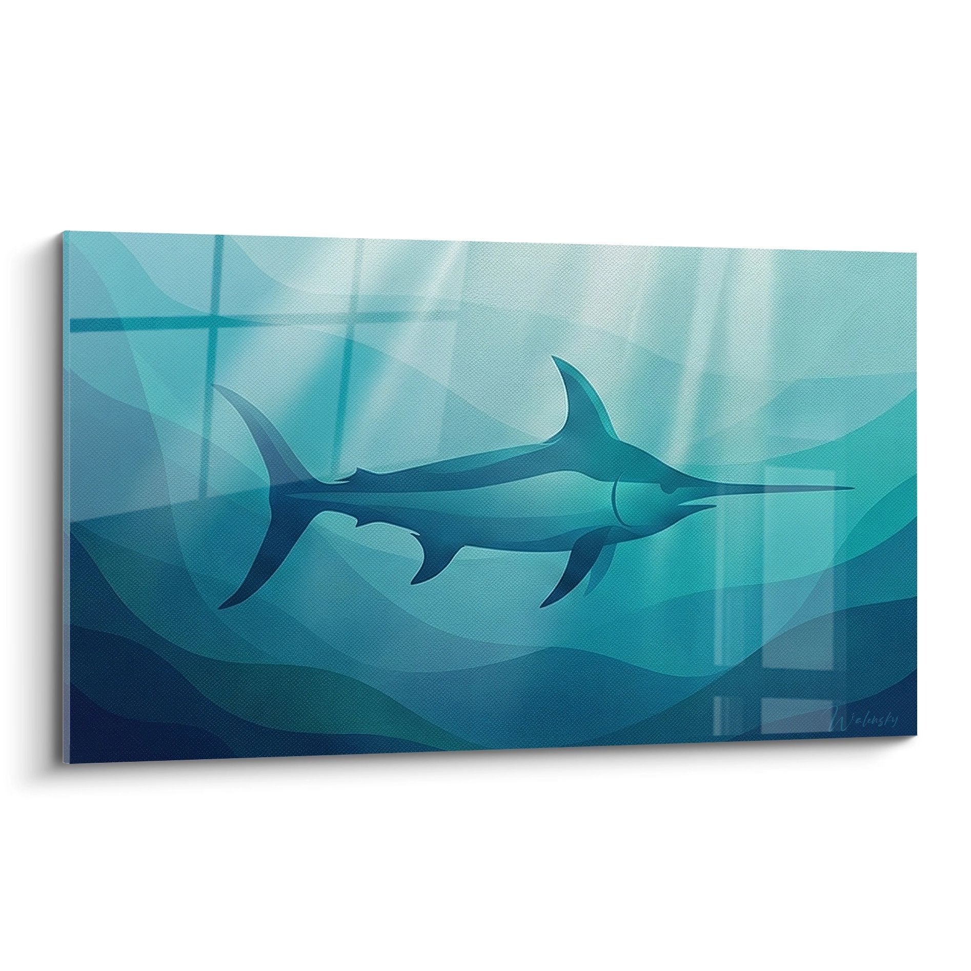 Modernes Schwertfisch-Gemälde mit geometrischen Formen in Türkis- und Blautönen auf abstraktem dreieckigem Hintergrund, Marine-Dekoration