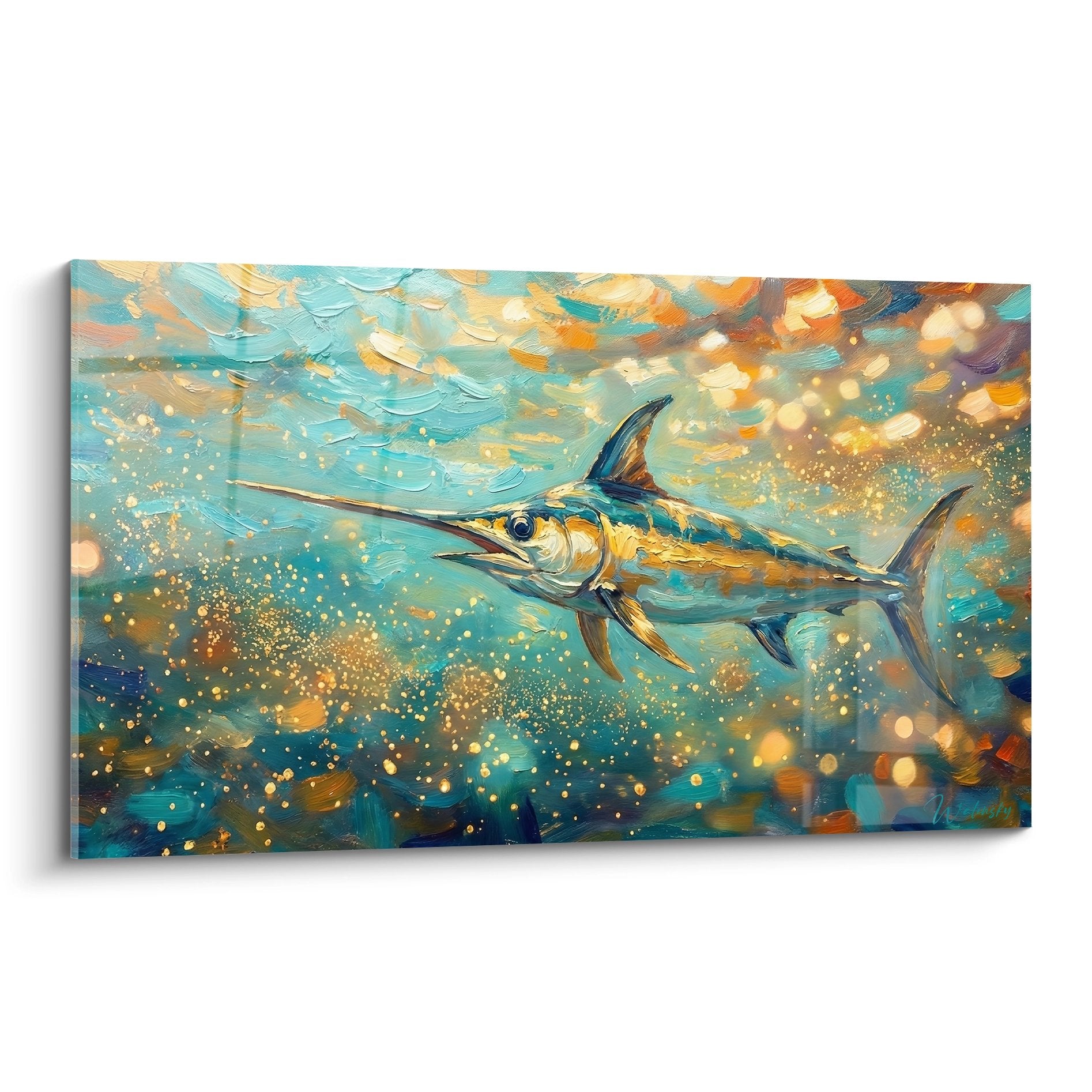 Schwertfisch-Gemälde in Türkis und Gold mit schwebenden goldenen Blasen im expressiven Meeresmalstil