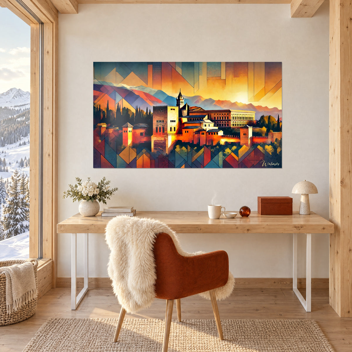 Wall art Alhambra ramparts with green cypresses and mauve peaks, facing a light wood desk in a chalet