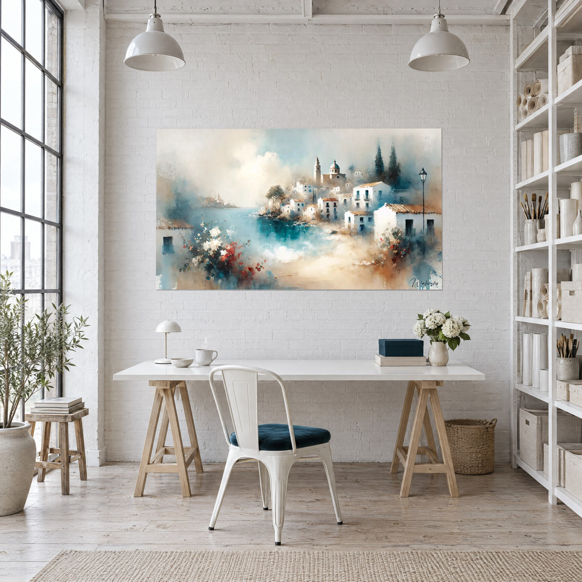 Tableau bourg côtier de façades blanches, toits de tuiles rousses et cyprès sombres, face à un bureau en tréteaux blanc et chaise métal